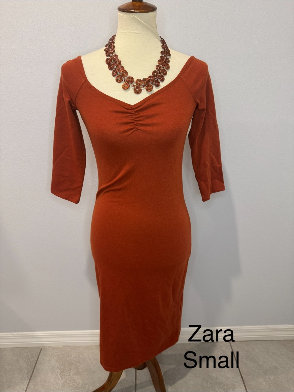 Zara Burnt Orange Ruched-Front Midi Dress